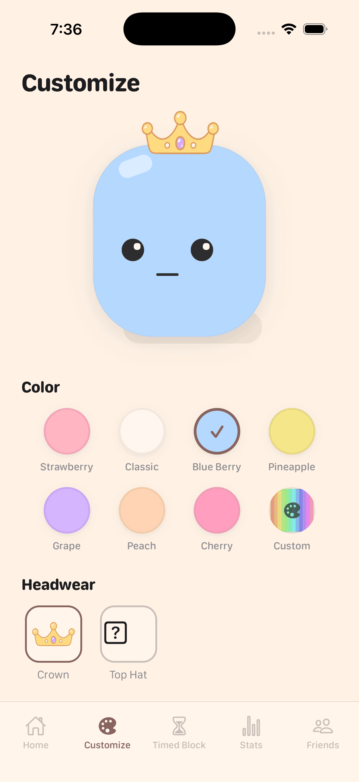 The Customize screen in the Marshmallow app: a blue marshmallow wearing a crown, above eight colour choices and a headwear row.